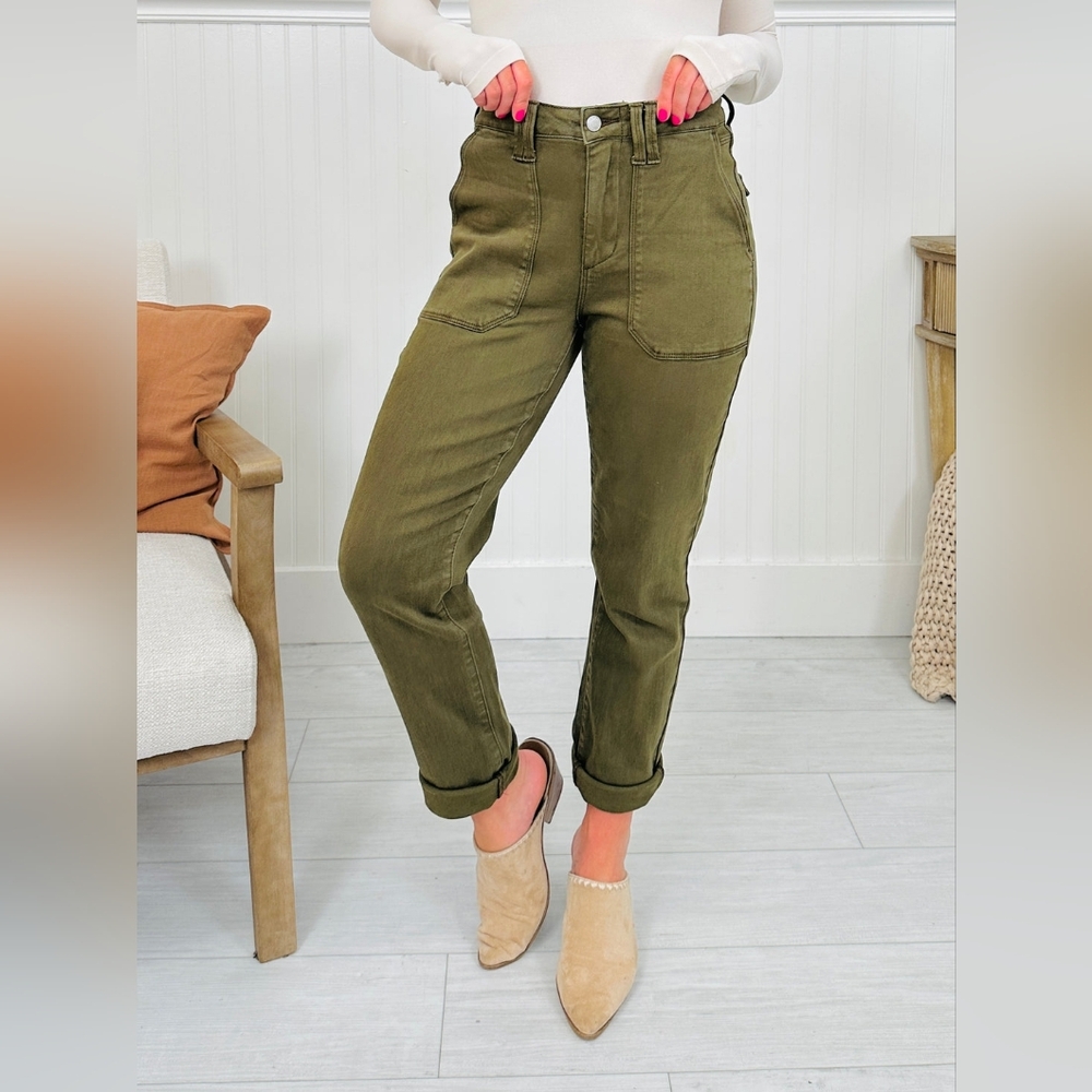 Weekender Style Jeans Judy Bllue Olive Color Jogger Jeans Drawstring